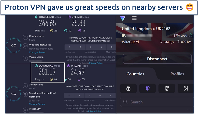 Screenshot of Ookla speed tests done with no VPN and while connected to Proton VPN
