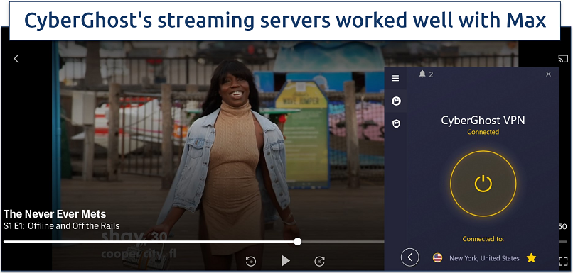 Screenshot of CyberGhost connected to a server in New York while streaming Max
