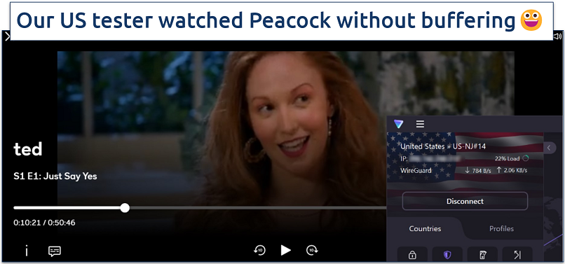 Screenshot of Proton VPN connected to a server in the US while streaming Peacock