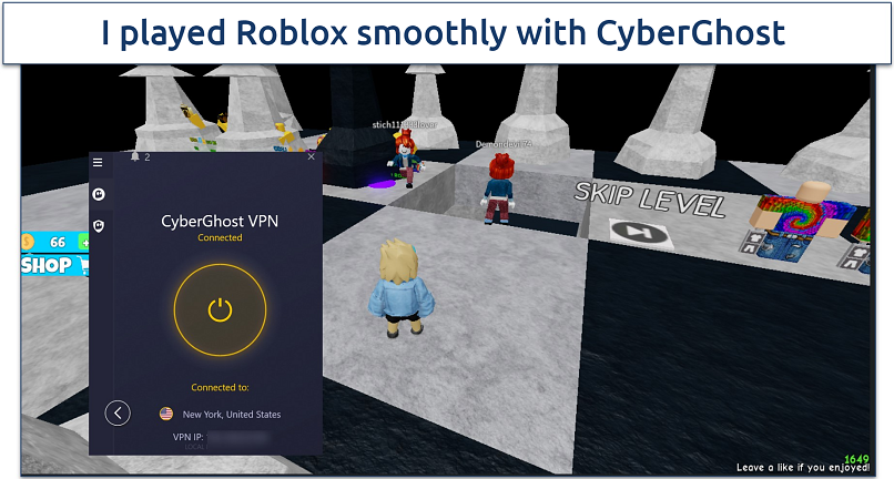 Screenshot of Roblox being played while connected to CyberGhost's NeW yORK server