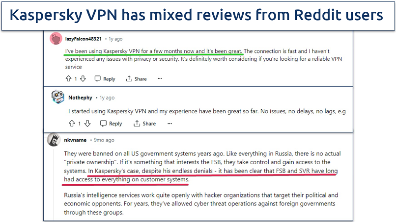 Screenshot of Reddit users sharing their experiences with Kaspersky VPN
