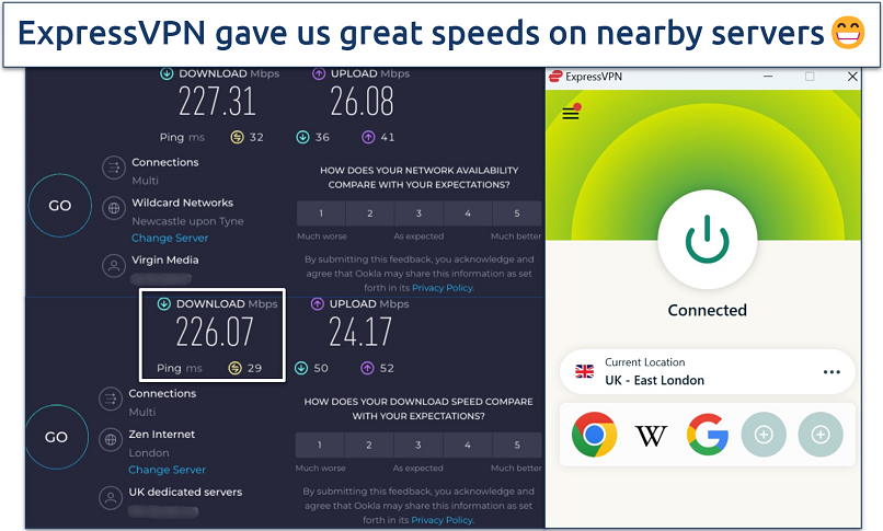 Screenshot of Ookla speed tests done with no VPN and while connected to ExpressVPN