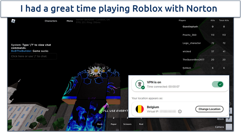 Screenshot of Roblox being played while connected to Norton server in Belgium