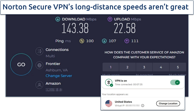 Screenshot of Ookla speed tests conducted with a Norton Secure VPN server in the US