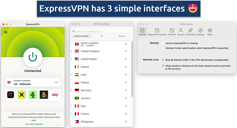 Screenshot showing the 3 interfaces of the ExpressVPN app