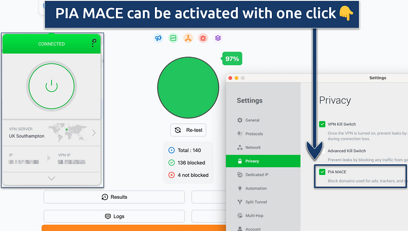 Screenshot showing the PIA app over an online ad blocking test tool