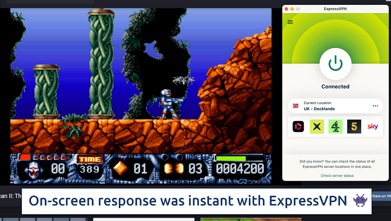 Screenshot showing the ExpressVPN app over Turrican 2 playing on a web browser