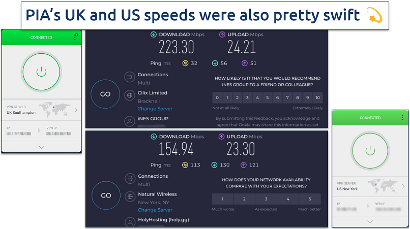 Screenshot showing the PIA app over speed tests from London and New York