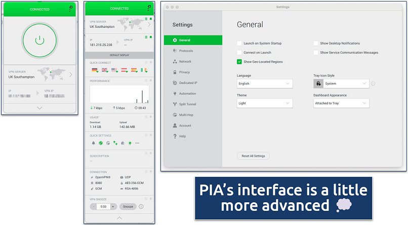 Screenshot showing the PIA app interfaces