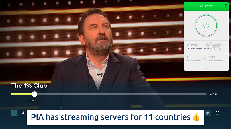 Screenshot showing the PIA app over a browser streaming ITVX