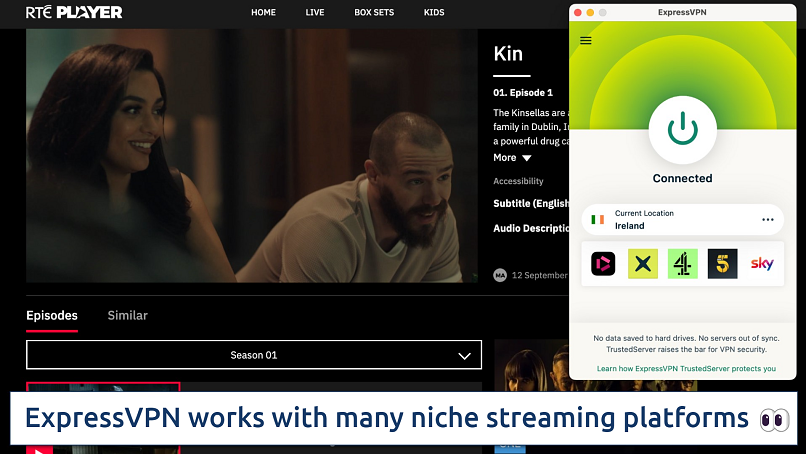 Screenshot showing the ExpressVPN app over a browser streaming RTE