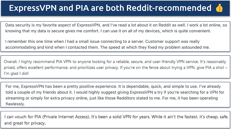 Screenshots of positive feedback for ExpressVPN and PIA on Reddit