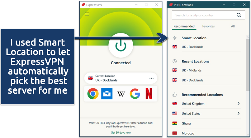 Screenshot of ExpressVPN's Windows app while connected to the UK