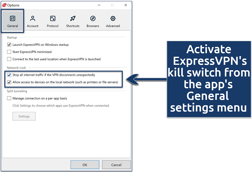 Screenshot showing how to activate ExpressVPN's kill switch