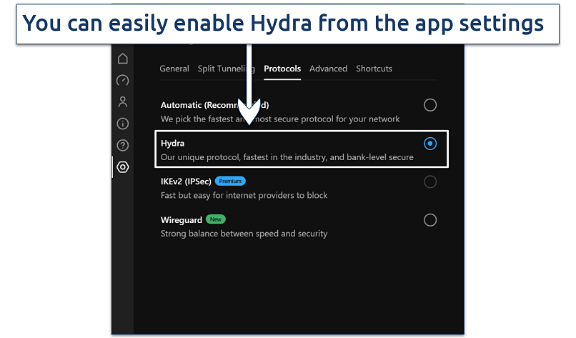Screenshot showing how to enable Hydra protocol