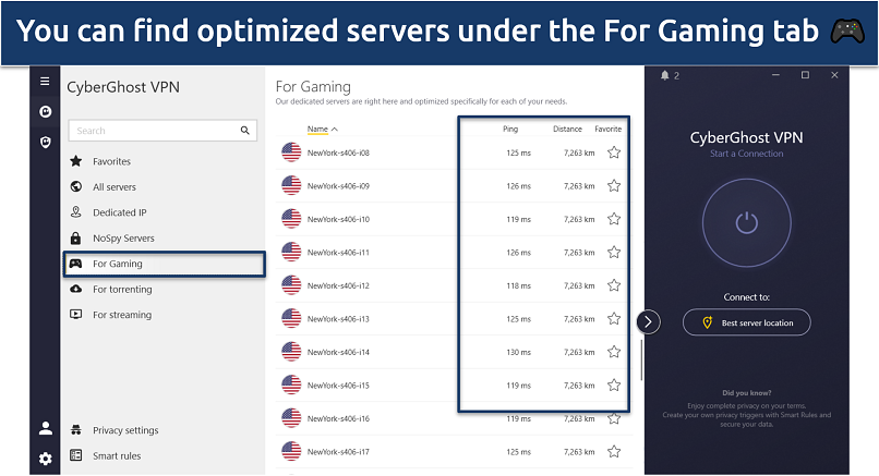 A screenshot of CyberGhost VPN interface showing list of gaming-optimized servers