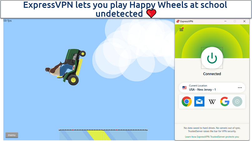 A screenshot of Happy Wheels being unblocked at school with ExpressVPN connected