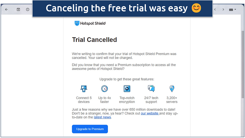 Screenshot of an email from Hotspot Shield confirming the cancelation of my free trial