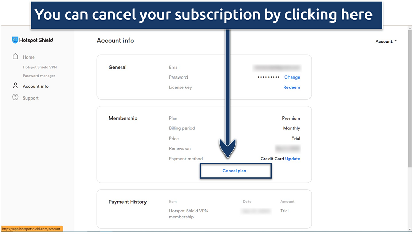 Screenshot showing how to cancel the Hotspot Shield free trial from the Hotspot Shield website
