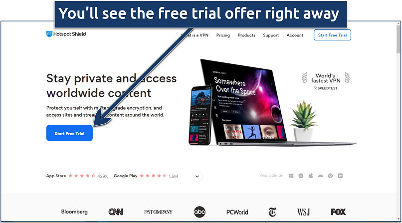 Screenshot of Hotspot Shield's website homepage with the option to start a free trial