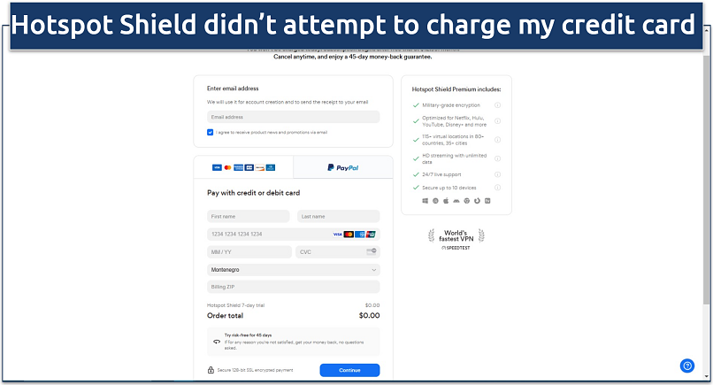 Entering my payment details to activate the free trial on Hotspot Shield's website