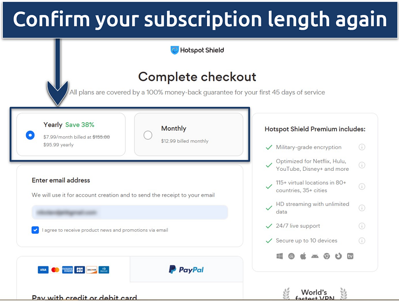 Screenshot of Hotspot Shield's checkout page on its website