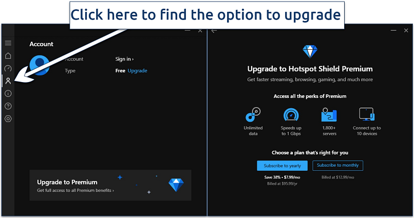 Screenshot of Hotspot Shield's Windows app with the option to upgrade to a Premium version