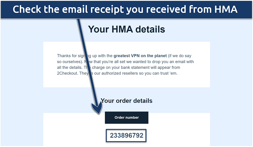 Screenshots of the email receipt with the HMA order details.