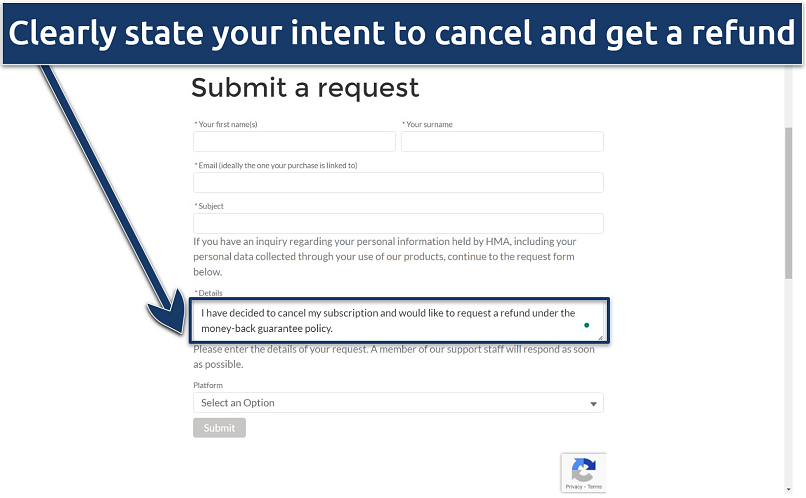A screenshot of the HMA submit a request form with a typed request asking for a refund.