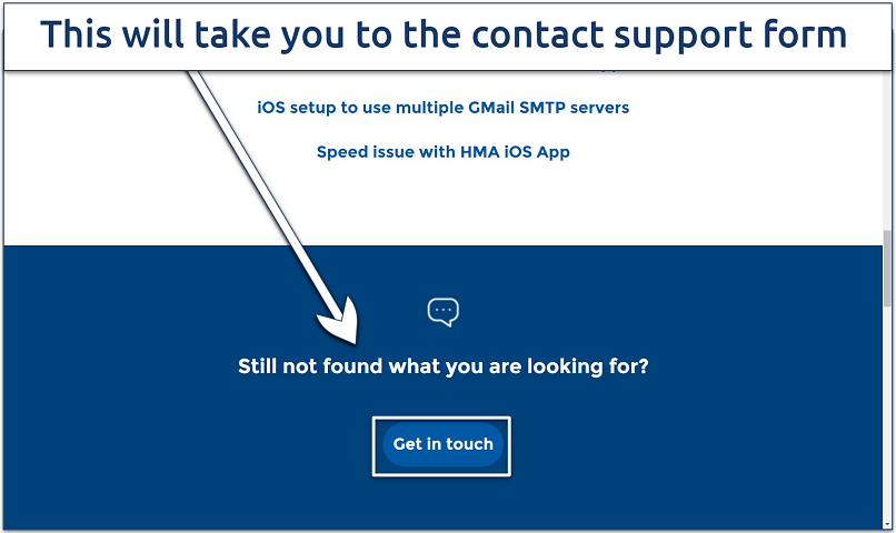 A screenshot of the HMA help web page with the contact support button highlighted.