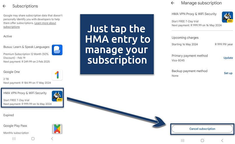 Screenshots of the Google Play Store Subscriptions and Manage subscription pages.