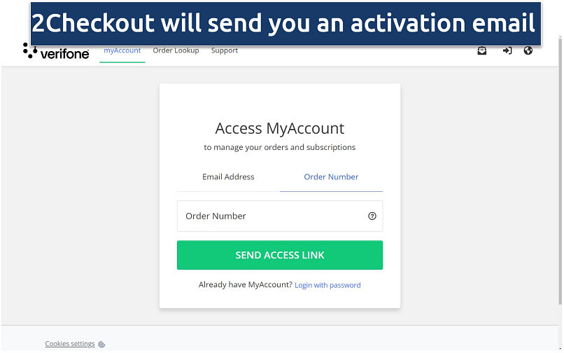 Screenshots of the 2Checkout login page with the option to enter an email address or order number.