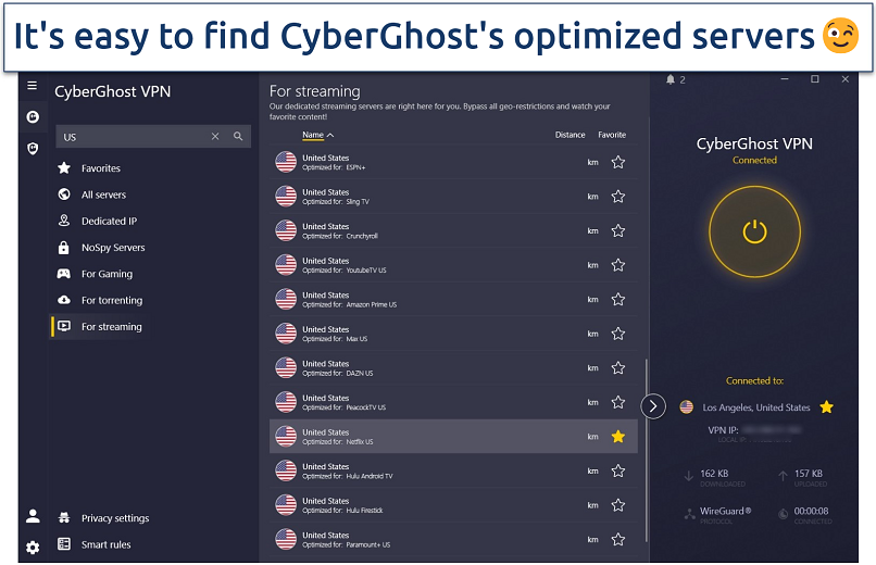 Screenshot of CyberGhost's app interface with its US streaming-optimized servers on display.