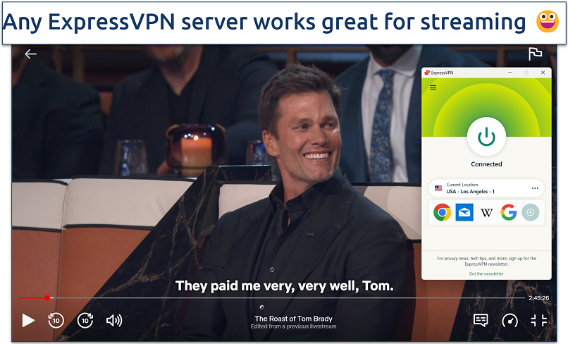 Screenshot of streaming The roast of Tom Brady on Netflix while connected to ExpressVPN's Los Angeles server.