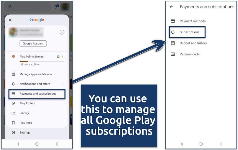 Screenshots of the Google Play Store Payments and subscriptions pages.