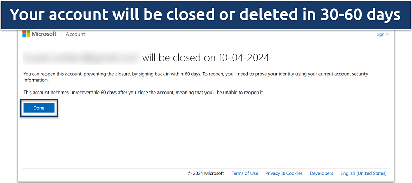 Screenshot of Windows account closed