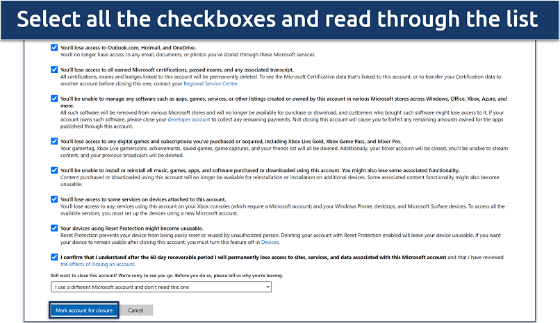 Screenshot of Microsoft account closure confirmation page