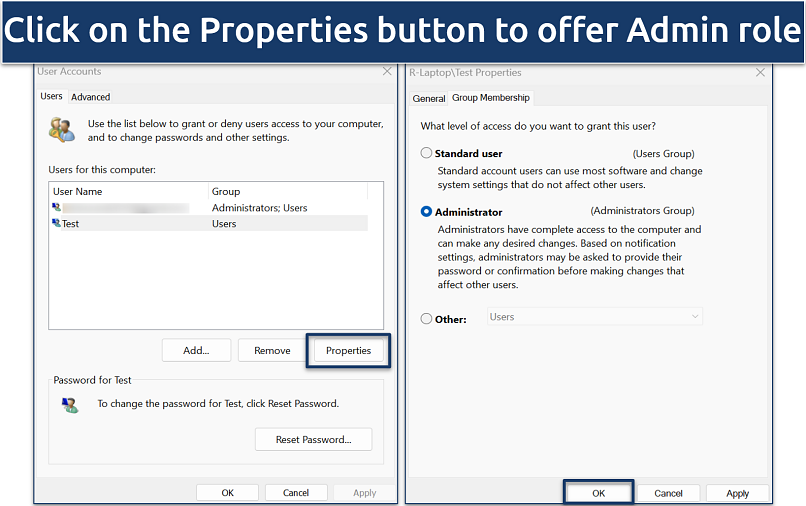 Screenshot of setting the Administrator privileges