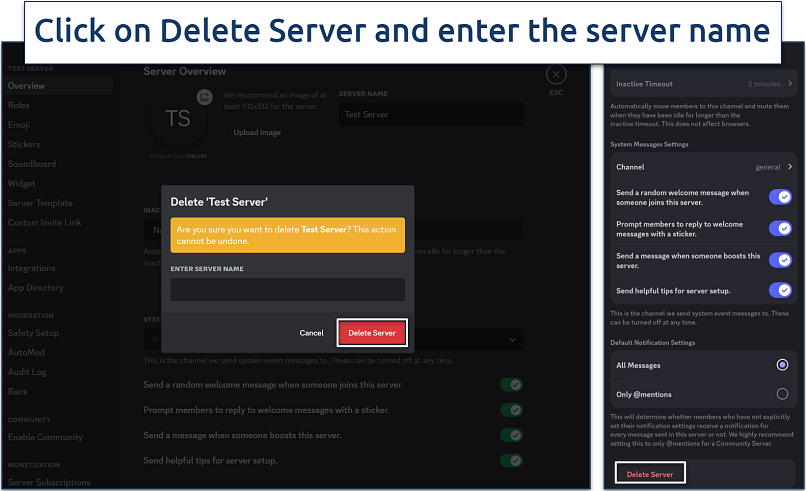 Screenshot of Discord servers settings panel