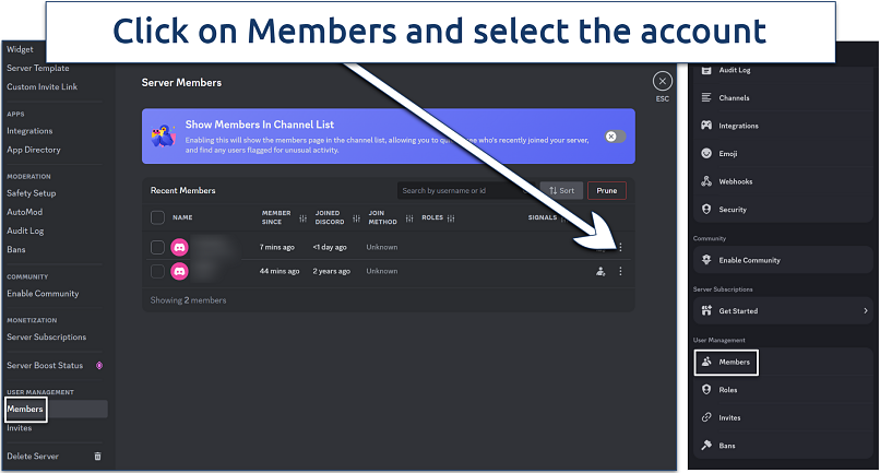 Screenshot of Discord members settings panel