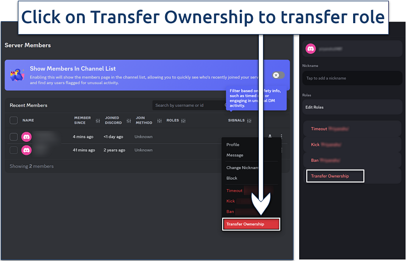 Screenshot of Discord Transfer Ownership settings option