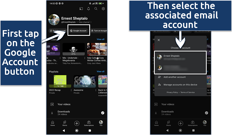 Screenshot showing how to access your Google Account via YouTube on mobile.