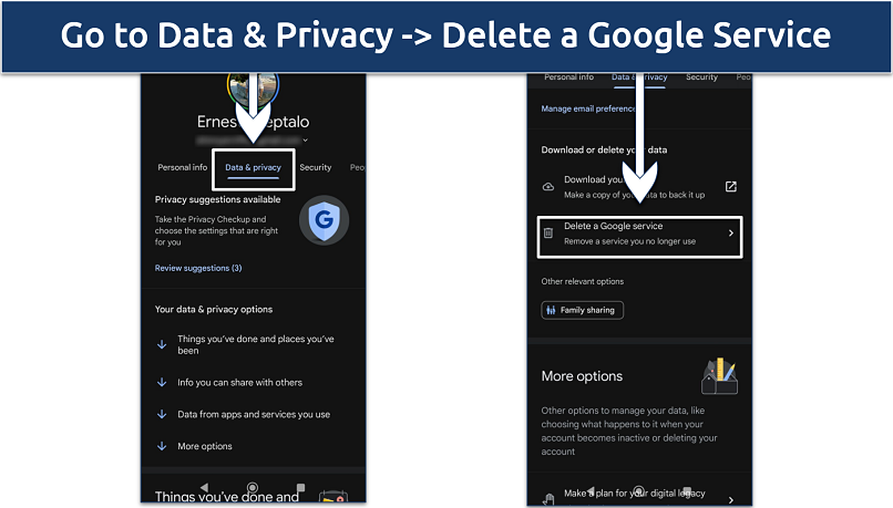 Screenshot showing how to delete your YouTube account using Google Account manager.