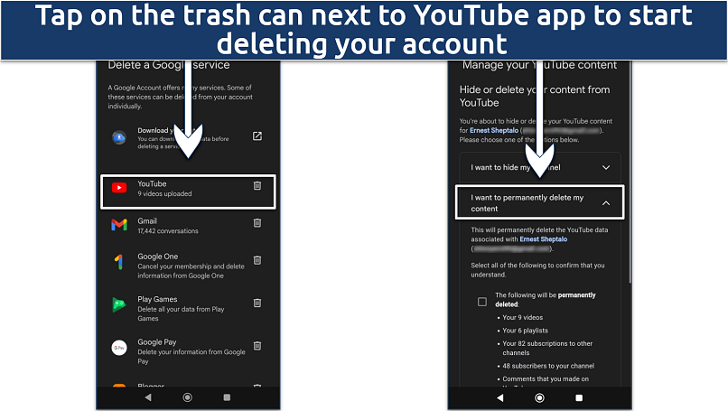 Screenshot showing the final step before deleting your YouTube account.