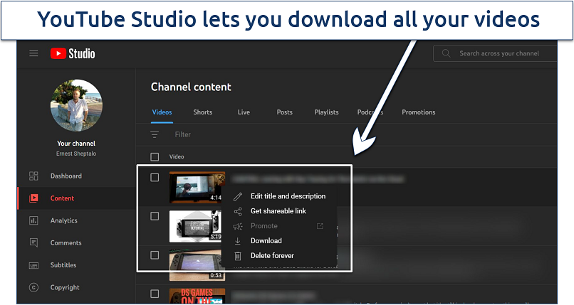 Screenshot showing how to download your own YouTube videos using YouTube Studio.