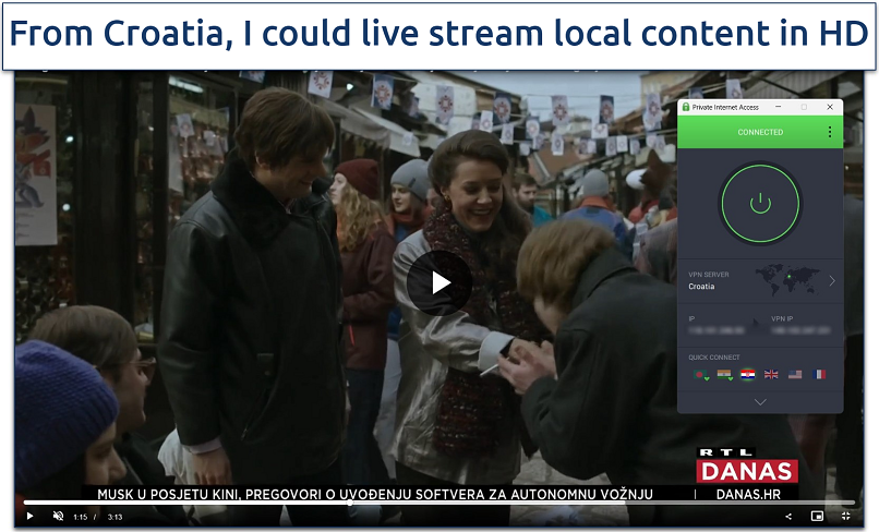 A screenshot streaming live TV on RTL Croatia while connected to PIA's Croatian server.