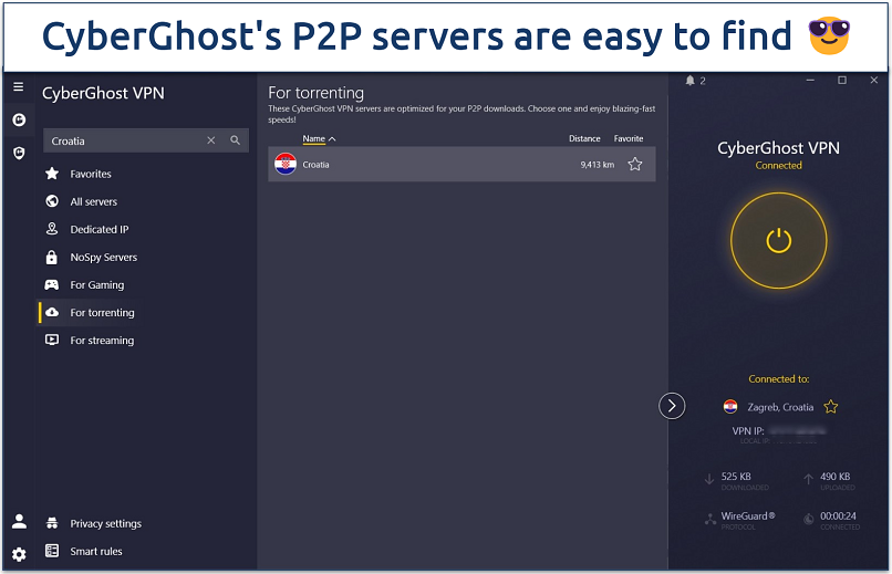A screenshot of the CyberGhost Windows app dashboard with the Croatia P2P server connected.