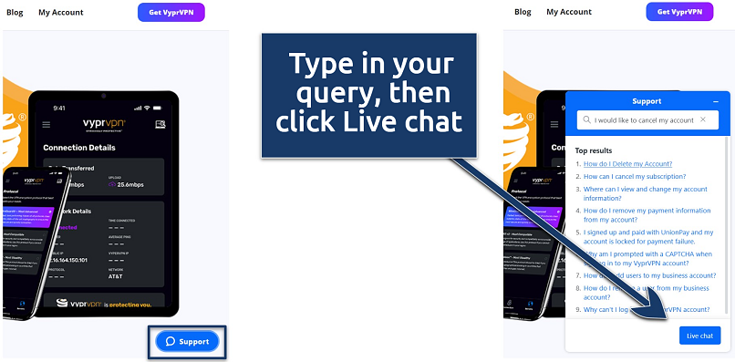 Screenshots of the VyprVPN website with the support live chat dialogue box.