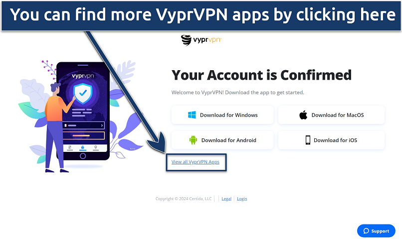 A screenshot of the VyprVPN page with the app download options.