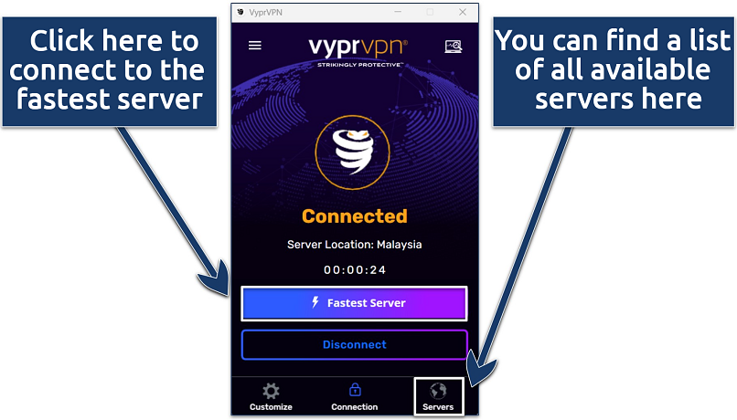 A screenshot of the VyprVPN windows app while it's connected to a server